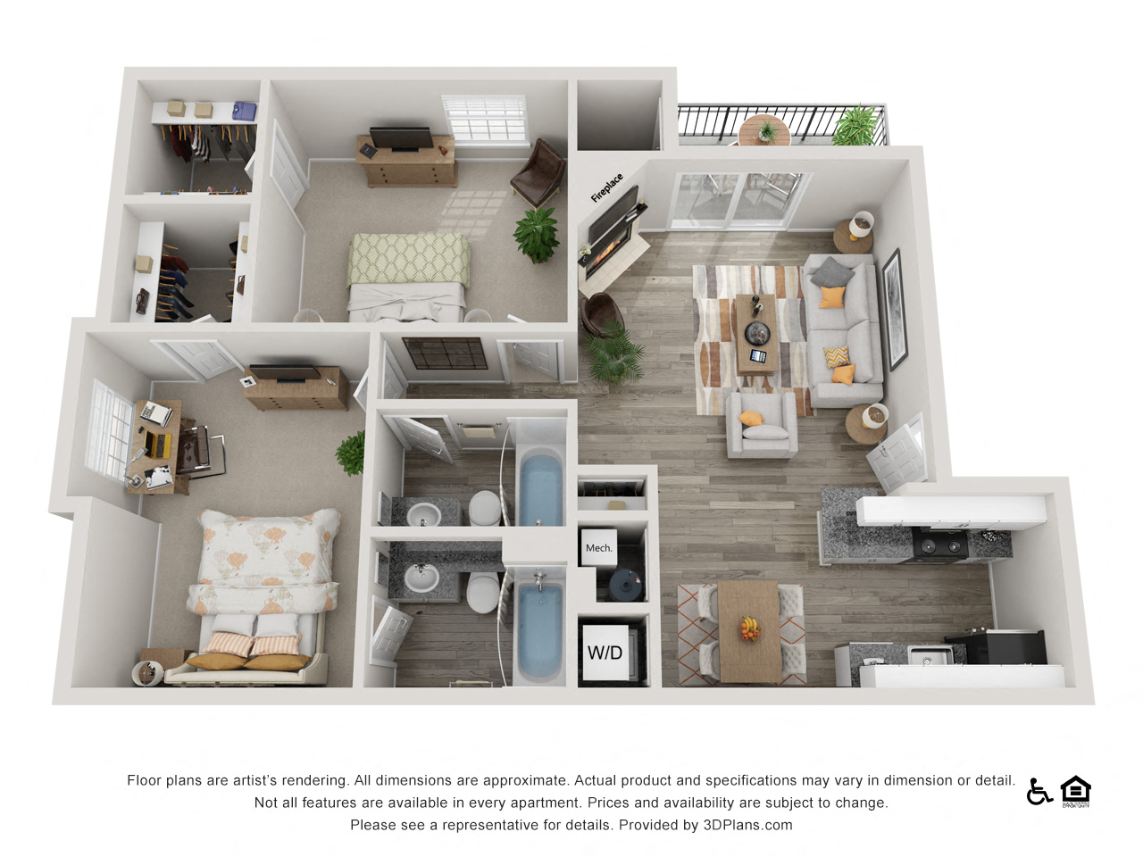 Floor plan for 2 beds, 2 baths, 1010 sqft